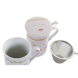 DKD Home Decor Mug para Infusiones Scandi Colección Faces Porcelana Inox 280ml Rosa y Blanco Apto Microondas Lavavajillas - Pack 12 Unidades