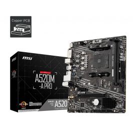 MSI Placa Base AM4 A520M-A Pro, Micro ATX, Socket AM4, Chipset AMD A520, DDR4, HDMI, DVI-D, USB 3.2 Gen1, M.2, Compatible con AMD Ryzen