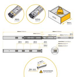 Emuca Juego de guías de bolas para cajones con extracción total y cierre suave, altura 45mm, logitud 600mm, Acero, Cincado