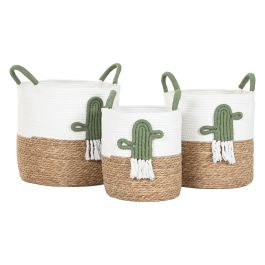 DKD Home Decor Cesta Boho de Fibra y Algodón Blanca y Verde (Set de 3) 38 x 37 x 38 cm