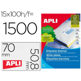 Apli Etiquetas Adhesivas 70x50,8 mm Rectas 15x100 Hojas Inkjet/Láser Blanco Precio: 18.49999976. SKU: S8400847