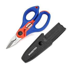 Workpro Tijera de electricista con hojas de acero inoxidable, 5 ranuras para pelar y crimpar cables, mango ABS/TPE, azul y rojo
