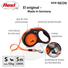 Flexi Correa New Neon S Cinta 5m Naranja Neón con Componentes Reflectantes