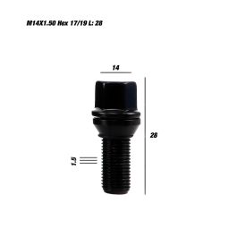 Omp OMPS09751401 Juego 20 Tornillos Desplazantes Llantas M14x1.50 Cónico Largo 28 mm Llave 17-19 Negro DIN 10.9 Negro