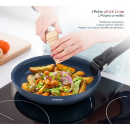 Arthur Martin AM2033 Juego de 3 sartenes de cerámica, Ø 20-24-28 cm + mango extraíble, Azul, aptas para inducción