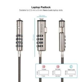 TOOQ Cable de Seguridad Tipo NANO con Combinacion para Portatiles 1.5 metros, Gris Oscuro