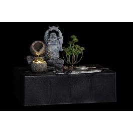 DKD Home Decor Pack de 2 Fuentes de Agua Orientales Buda con Luz LED de Resina Negro Gris 21x23x29 cm