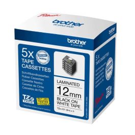 Brother 5 pack of genuine Brother Labelling Tape Cassettes – Black on White, 12mm wide