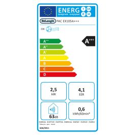 De'Longhi PAC EX105 A+++ Climatizador Móvil Monobloc, 10000 BTU/h, Función Enfriamiento, Deshumidificador y Ventilador, 56 l/h, Blanco