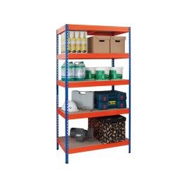 Ar storage Estantería Metálica 192x100x50cm, 5 Estantes, 300kg por Estante, Bandejas Madera, Montaje sin Tornillos, Azul/Naranja