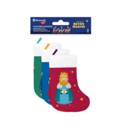 Bismark 332889 Pack 3 Calcetines Decorativos Reyes Magos Colgantes de Fieltro con Diseño Reyes Magos 28x12 cm Verde, Rojo y Azul