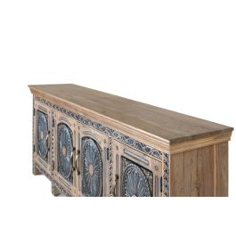 Giner y Colomer Aparador de Teca Maciza con Acabado Natural y Azul Envejecido, Diseño Tallado