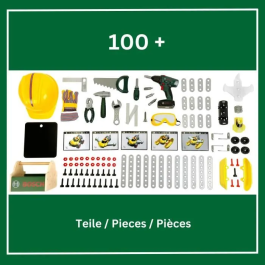 Klein 8734 Banco de trabajo grande de madera FSC con destornillador electrónico y caja de herramientas para niños a partir de 3 años