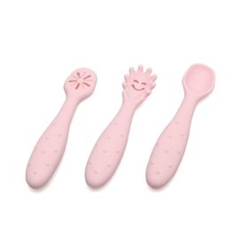 KioKids Set de 3 Cubiertos de Silicona Rosa para Bebé Lovely Friends, Pre-Cuchara, Cuchara y Pre-Tenedor, +6 Meses, 11 cm