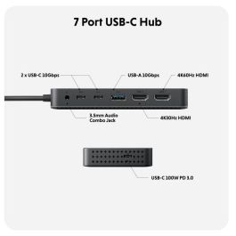 Targus HyperDrive Universal USB-C Dock 7-en-1 Dual HDMI Móvil 100W Gris 10Gbit/s