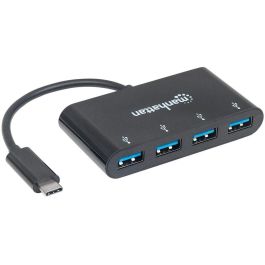 MANHATTAN Hub USB-C 3.2 Gen 1 a 4 Puertos USB-A 5Gbps, Negro, Cable 0.2m, Alimentación USB, Hot-swap, Plug&Play