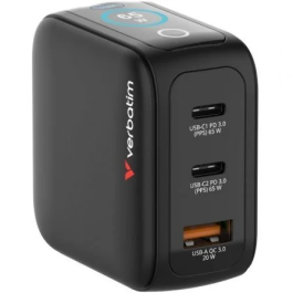 Verbatim Mini Cargador GaN 65W con Pantalla, 2xUSB-C PD, 1xUSB-A QC 3.0, Universal 100-240V, 30238