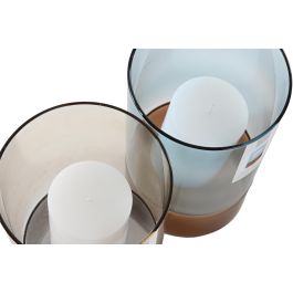DKD Home Decor Portavelas Urban Set de 2 con Vela de Cristal Gris y Azul 13x13x21 cm