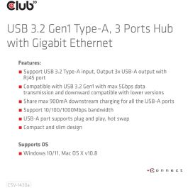 Club3D Hub USB 3.2 Gen 1 Tipo-A con 3 Puertos y Adaptador Gigabit Ethernet, Negro, Conectividad Alámbrica