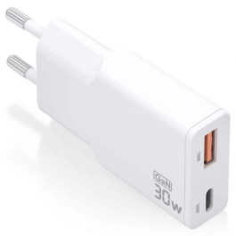 Cargador GaN de Pared Aisens ASCH-30W2P046-W/ 1xUSB Tipo-C/ 1xUSB/ 30W/ Blanco