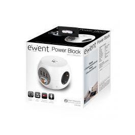 Ewent EW3939 Base Múltiple con 3 Salidas AC y 3 Puertos USB, Protección contra Sobretensiones, 1.5 m, Blanco