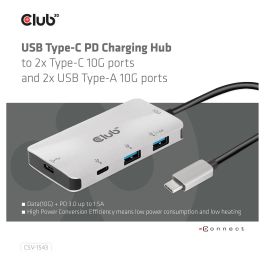 Club 3D CSV-1543 Adaptador Hub USB-C a 2x USB-C + 2x USB-A 3.2 Gen 2 con Carga de 100 W, Plata y Negro