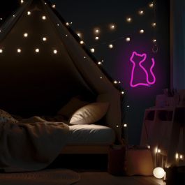 Forever Lámpara Neón LED Gato Rosa de Sobremesa, Decorativa, Alimentación USB o Pilas AA, 148 Caracteres
