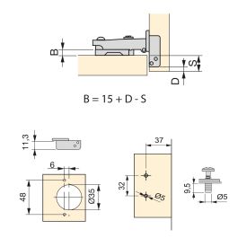 Emuca Lote de 20 bisagras rectas X92N y suplementos de montaje mixto, Diámetro 5x9.5mm, Altura 0, Acero, Niquelado