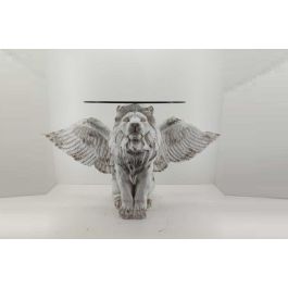 DKD Home Decor Mesita Auxiliar Estilo Neoclasico Gris con Detalle León Alado, Fabricada en Magnesia y Cristal, Desmontable, 96x62x61 cm