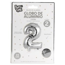 Party Time Globo de Cifra 2 Plata 35 cm Reutilizable para Aniversarios y Cumpleaños, Hinchable con Aire o Helio