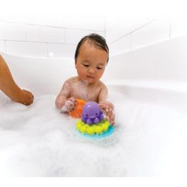 Infantino Pirámide de Baño Pulpo Flotante con 3 Anillos Sensoriales Apilables y Rociador de Agua para Bebés y Niños