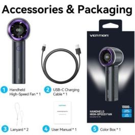 Vention PBAN0 Ventilador de Mano USB-C, 4 velocidades, 3000mAh, 13000 RPM, Beige/Púrpura