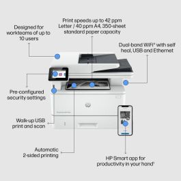HP Multifunción Láser LaserJet Pro 4102Fdw | Impresión hasta 40ppm, Dúplex Automático, Wi-Fi, Ethernet, Escáner 50 hojas, Fax