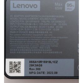 Lenovo Adaptador de Corriente 65W USB-C para Portátiles, Soporta 20/15/9/5V, Configuración de 3 Pines, Uso Mundial