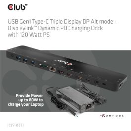 Club3D CSV-1566 4K USB-C Charging Dock con 6xUSB3, DisplayPort, 2xHDMI, LAN, Lector de Tarjetas SD/MicroSD y Carga de 120W