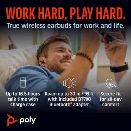 Poly Voyager Free 60+ UC Auriculares Carbon Black con ANC, 3 Micrófonos, Estuche Táctil y Adaptador USB-C BT700