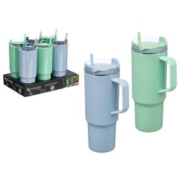 Kinvara Vaso con Pajita y Asa 1.2 L, Plástico, Surtido Azul/Verde, 14x30x10 cm (Set de 12)