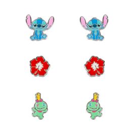 Disney Set 3 Pares Pendientes Stitch, Scrump y Flores Rojos Bañados en Plata