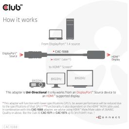 Club3D Adaptador DisplayPort 1.4 a HDMI HDR 8K60Hz / 4K120Hz Activo - Conector Macho a Hembra - 0.21m