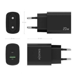 AISENS - CARGADOR 20W, 1xUSB-C PD3.0, 1xUSB-A QC3.0, NEGRO