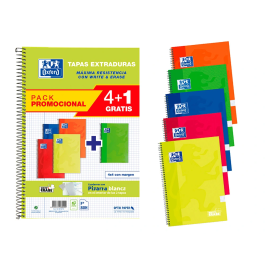 Oxford Cuaderno Espiral Write&Erase 80H Folio 4x4 mm C-Margen Tapa Extradura Pack 4+1 Unidades Surtidos Vivos