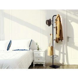 Q-connect Perchero Metálico Negro con Detalles de Madera y Paraguero, 6 Colgadores, 174x28,5 cm