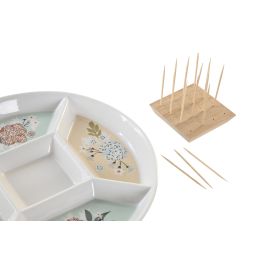 DKD Home Decor Bandeja Aperitivos Tradicional Gres y Bambú Verde Beige 23.5x23.5x3 cm Colección Ivy&daisy Apta Lavavajillas