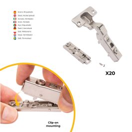 Emuca Lote de 20 bisagras codo X91 con cierre suave y suplemento recto para atornillar, Altura 1, Acero, Niquelado
