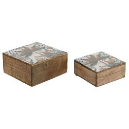 DKD Home Decor Joyero Tropical Colección Tropical 24 Set de 2 Unidades Madera de Mango Palmera Verde Naranja 18x9x18 cm
