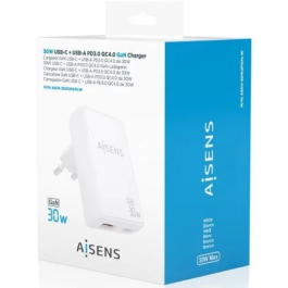 Aisens ASCH-30W2P074-W Cargador de Pared GaN 30W, 1xUSB-C, 1xUSB-USB, Blanco