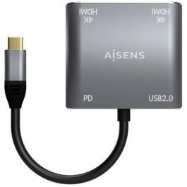 AISENS - CONVERSOR USB-C A 2xHDMI 4K SST MST/USB2.0/USB-C PD 60W, USB-C/M-2xHDMI/H-USB-A/H-USB-C/H, GRIS, 15CM