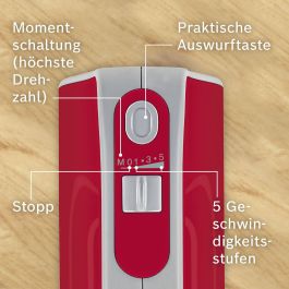 Bosch MFQ40303 Batidora de Mano Styline Colour, 500 W, 5 Velocidades, Varillas Batidoras, Ganchos Amasado, Rojo