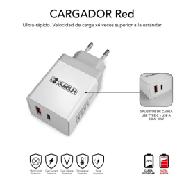 SUBBLIM CARGADOR ULTRA RAPIDO 2xUSB DE PARED PD25W+QC3.0+Cable C to C y lightning Blanco SUBBLIM CARGADOR ULTRA RAPIDO 2xUSB DE PARED PD25W+QC3.0+Cable C to C y lightning Blanco