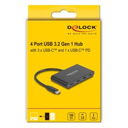 Delock Hub USB-C con 4 Puertos, USB 3.2 Gen 1, 3 x USB-C + 1 x USB-C PD de 100 W, 5 Gbit/s, Aluminio Negro para Windows, Mac, Linux, iOS